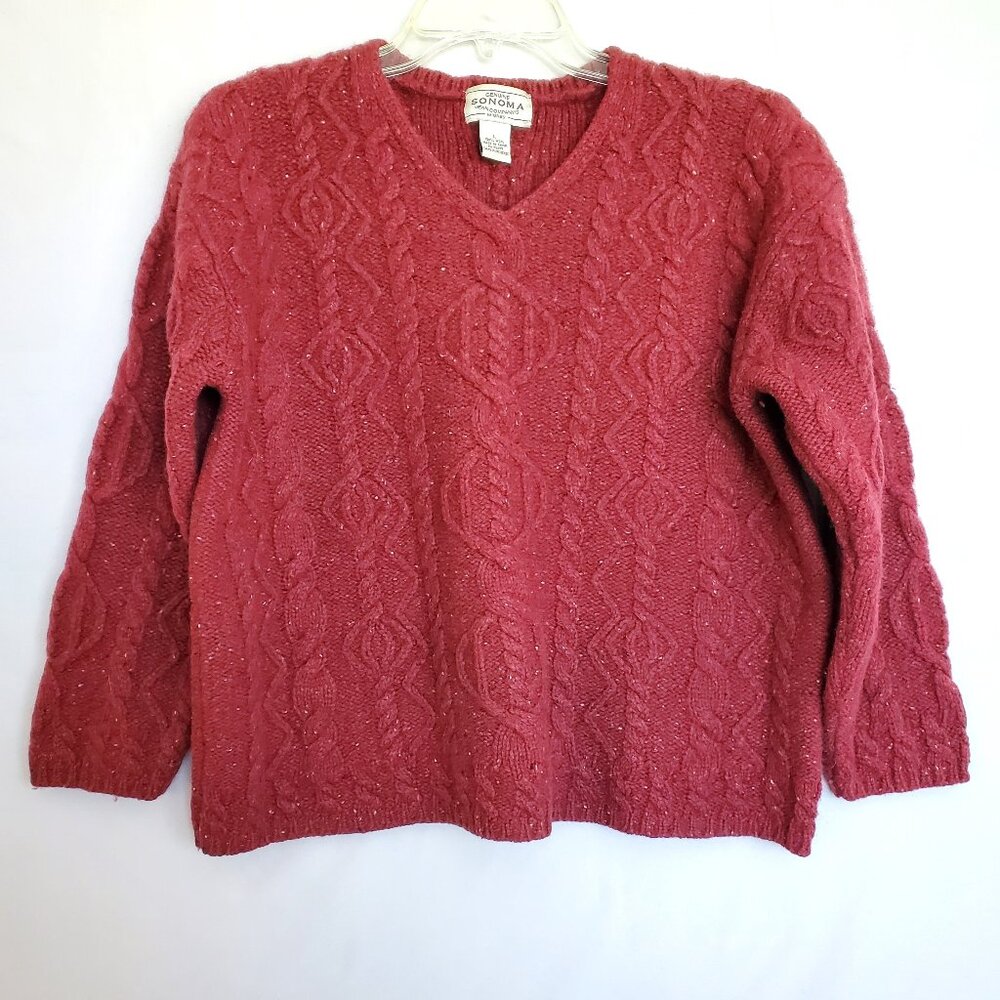 Sonoma Women Sweater LG 100% Wool Boxy Chunky Cable Knit Brick Red Fisherman